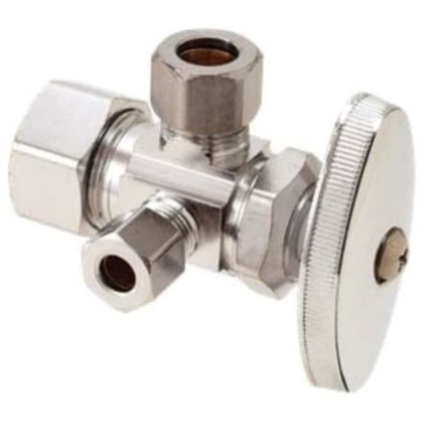 1/2" x 3/8" x 3/8" Dual Angle Stop - Comp, Chrome