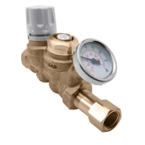 ThermoSetter™Adjustable Thermal Balancing Valve 3/4" FNPT w/140F thermal disinfection Cartridge w/ Pressure Gauge With isolation valves
