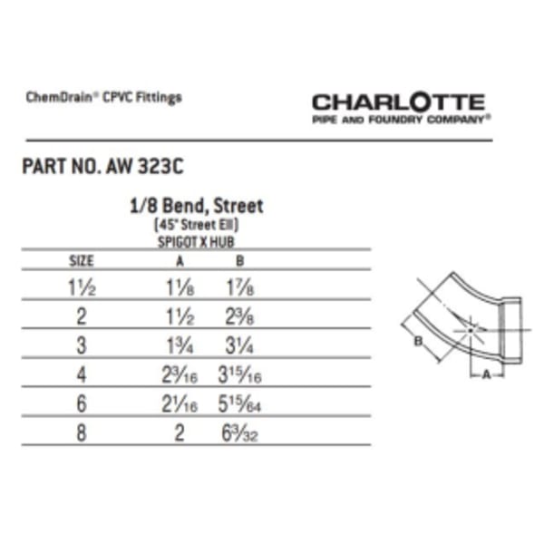 1-1/2" 45 Deg Street Elbow Spigot x Hub CPVC Chemical Drainage Fitting