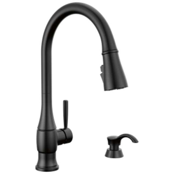 Delta Hazelwood™: Single Handle Pull-Down Kitchen Faucet with Soap Dispenser and ShieldSpray Technology in Matte Black