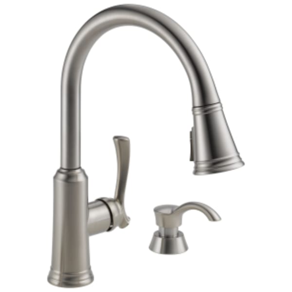 Delta Lakeview®: Single Handle Pull-Down Kitchen Faucet with Soap Dispenser and ShieldSpray® Technology in Stainless