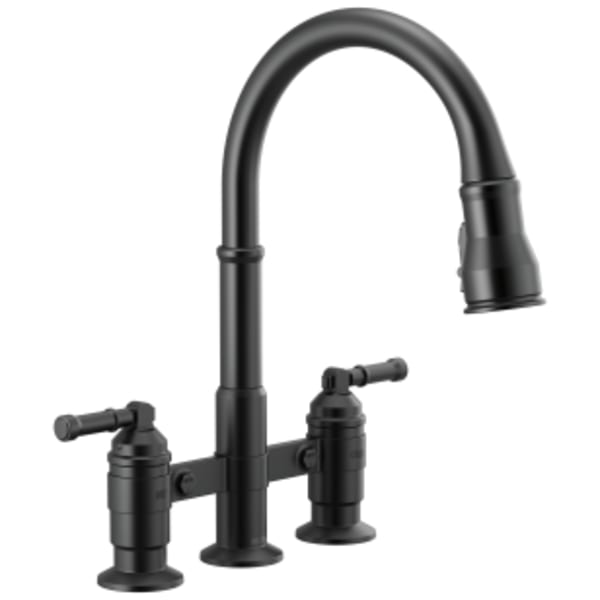 Delta Broderick™: Two Handle Pull-Down Bridge Kitchen Faucet in Matte Black