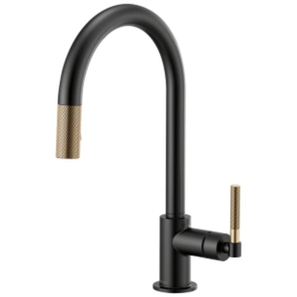 Brizo Litze®: Pull-Down Faucet with Arc Spout and Knurled Handle in Matte Black/Luxe Steel