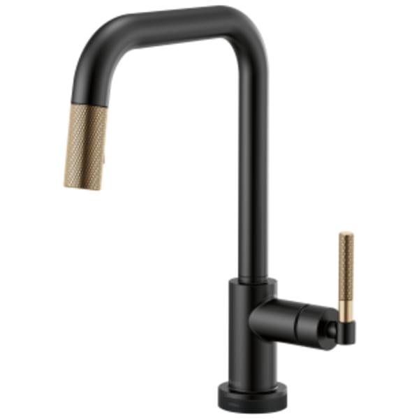 Brizo Litze®: SmartTouch® Pull-Down Kitchen Faucet with Square Spout and Knurled Handle in Matte Black/Luxe Steel