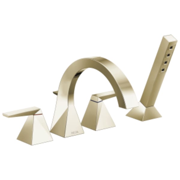Delta Trillian™: Two-Handle Roman Tub Trim with Hand Shower in Lumicoat Polished Nickel