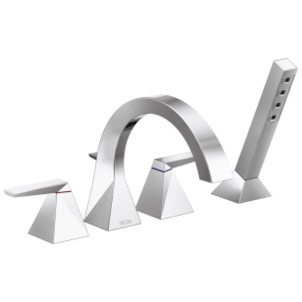 Delta Trillian™: Two-Handle Roman Tub Trim with Hand Shower in Lumicoat Chrome