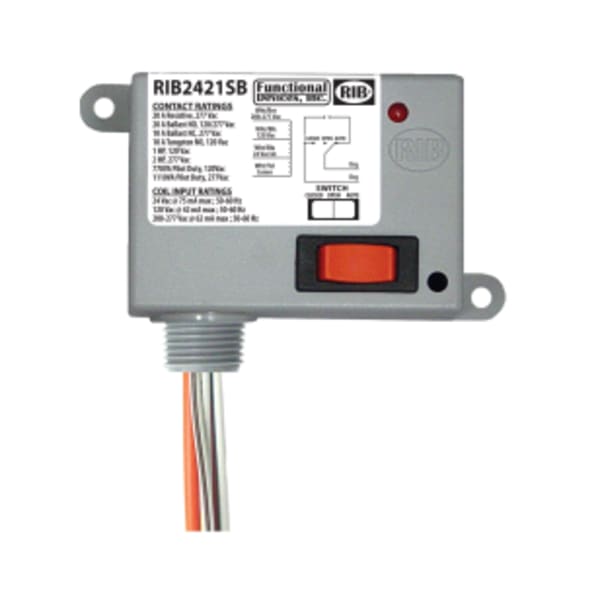 Power Relay, 20 Amp SPST-N/O + Override, 24 Vac/dc/208-277 Vac/120 Vac Coil, NEMA 1 Housing