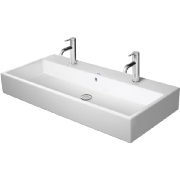 Duravit Vero 39 3/8" Rectangular Wall Mounted Sink in White with Two Sets of Single Faucet Holes and with Overflow