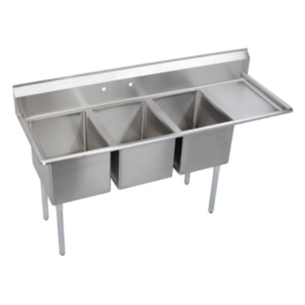 Elkay Dependabilt Stainless Steel 72-1/2" x 25-13/16" x 43-3/4" 16 Gauge Three Compartment Sink w/ 18" Right Drainboard and Stainless Steel Legs