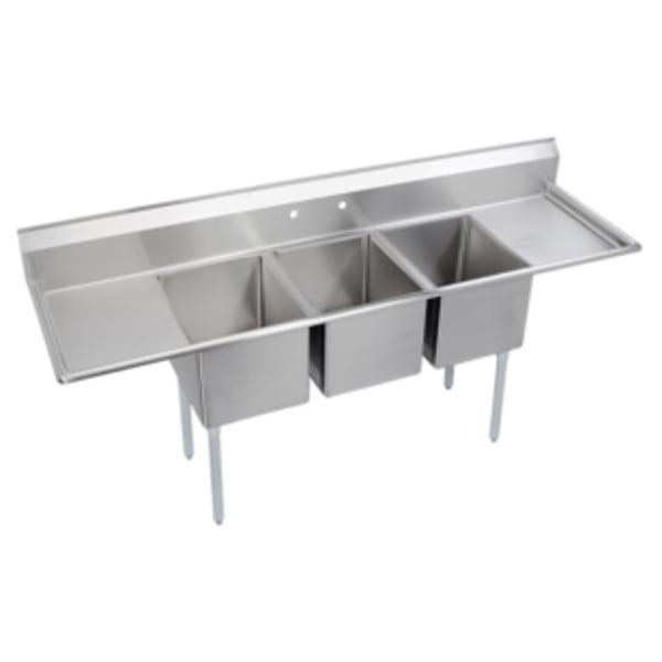 Elkay Dependabilt Stainless Steel 88" x 25-13/16" x 44-3/4" 16 Gauge Three Compartment Sink w/ 18" Left and Right Drainboards and Stainless Steel Legs
