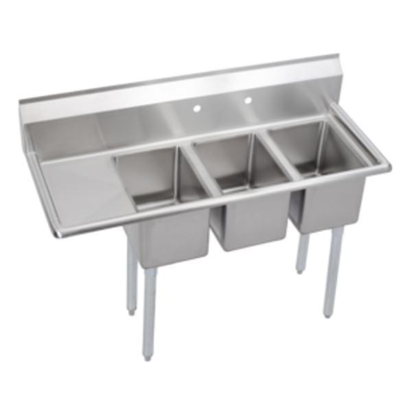 Elkay Dependabilt Stainless Steel 48-1/2" x 19-13/16" x 43-3/4" 16 Gauge Three Compartment Sink w/ 12" Left Drainboard and Stainless Steel Legs