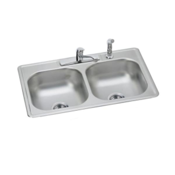 Dayton Stainless Steel 33" x 22" x 7-1/16" 4-Hole Equal Double Bowl Drop-in Sink and Faucet Kit