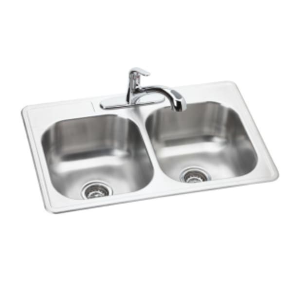 Dayton Stainless Steel 33" x 22" x 8-1/16" 3-Hole Equal Double Bowl Drop-in Sink and Faucet Kit