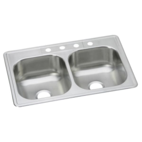 Dayton Stainless Steel 33" x 22" x 8-1/16" 4-Hole Equal Double Bowl Drop-in Sink