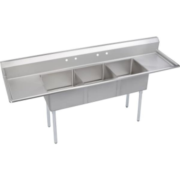 Elkay Dependabilt Stainless Steel 124" x 29-13/16" x 43-3/4" 18 Gauge Three Compartment Sink w/ 24" Left and Right Drainboards & Stainless Steel Legs