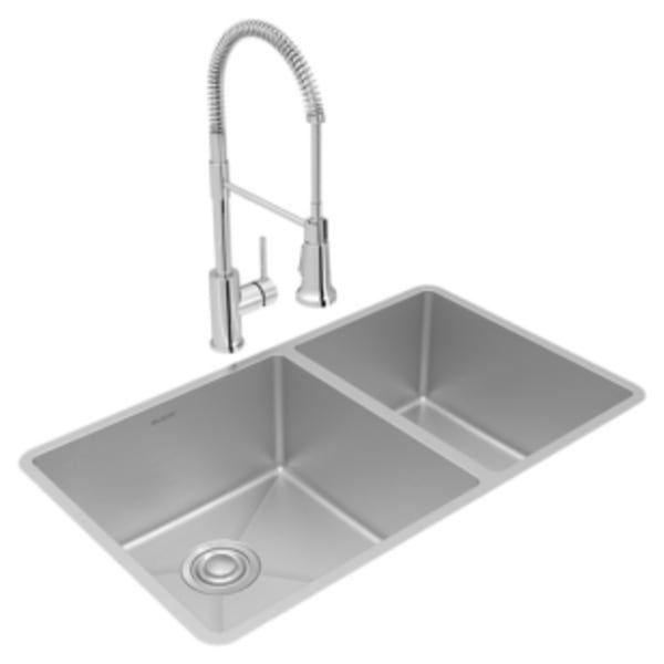 Elkay Crosstown 18 Gauge Stainless Steel 31-1/2" x 18-1/2" x 9" 60/40 Double Bowl Undermount Sink & Faucet Kit with Drain
