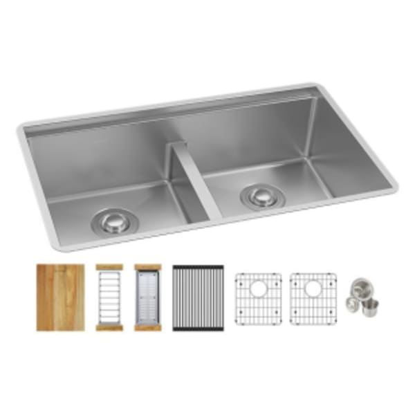 Elkay Crosstown 16 Gauge Workstation Stainless Steel 31-1/2" x 18-1/2" x 9" Equal Double Bowl Sink Kit with Aqua Divide