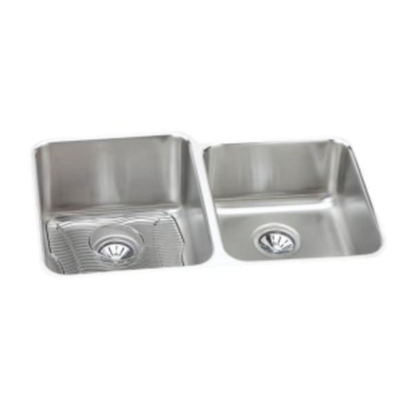 Elkay Lustertone Classic Stainless Steel, 31-1/4" x 20-1/2" x 9-7/8" Offset Double Bowl Undermount Sink Kit