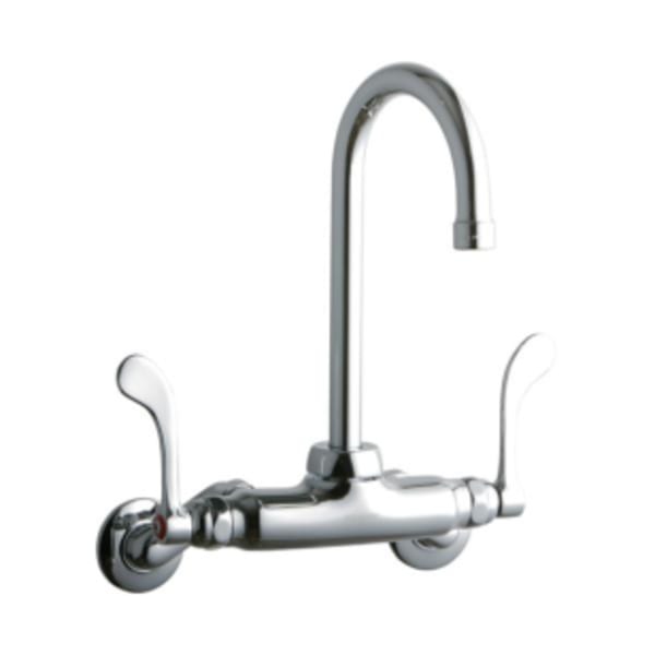 Elkay Foodservice 3-8" Adjustable Centers Wall Mount Faucet w/5" Gooseneck Spout 4" Wristblade Handles 2" Inlet