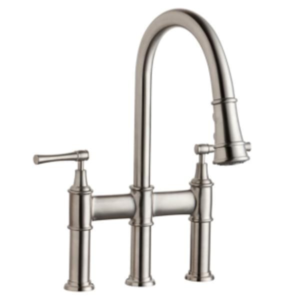 Elkay Explore Three Hole Bridge Faucet with Pull-down Spray and Lever Handles Lustrous Steel