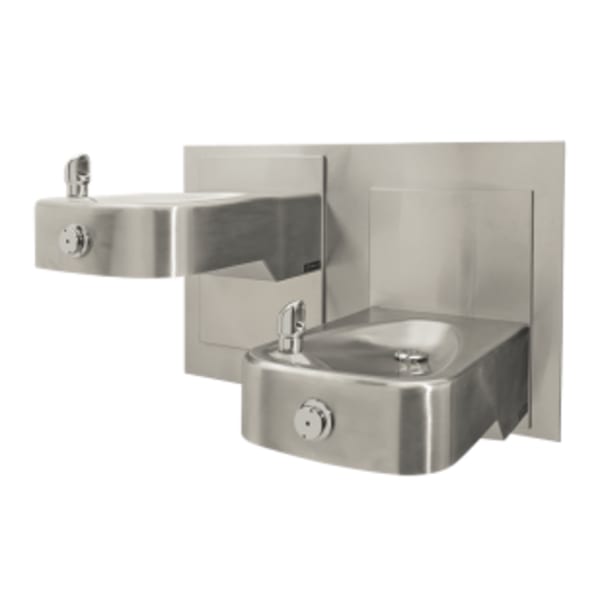 Dual Hi-Lo Adjustable Height ADA Wall-Mount Vandal-Resistant Low Profile Satin Finish 14 Gauge Stainless Steel Drinking Fountain With Back Panel