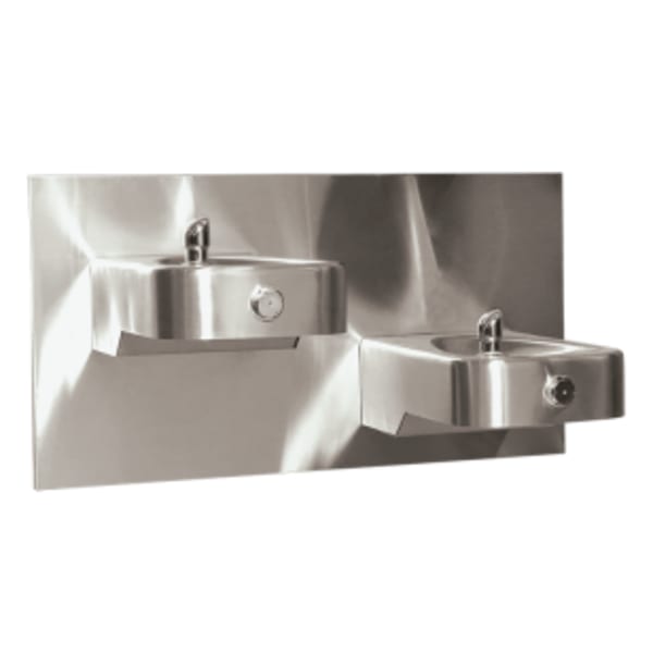 Dual Hi-Lo ADA Wall-Mount Vandal-Resistant Low Profile Satin Finish 14 Gauge Stainless Steel Drinking Fountain With Back Panel