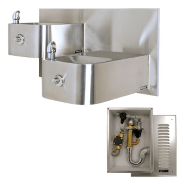Dual Hi-Lo ADA Outdoor Freeze-Resistant Wall-Mount Vandal-Resistant Satin Finish 18 Gauge Stainless Steel Drinking Fountain With Back Panel And Mounting Plate