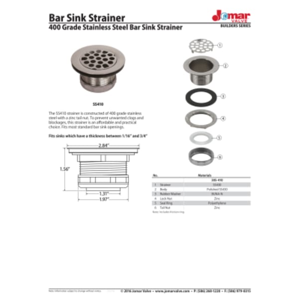400 Grade Stainless Steel Bar Sink Strainer