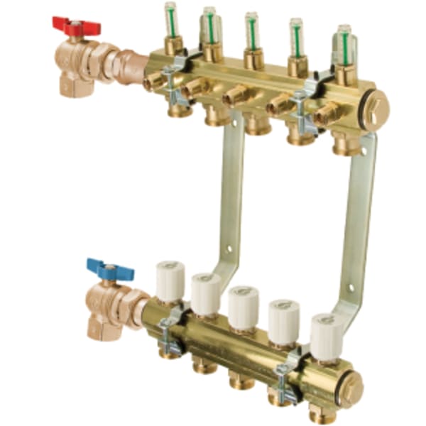 M-8200AP Precision Manifold with Angle Isolation Valves 1" Brass Bar 4 Port, includes Air Vent, Fill/Purge, and Mounting Brackets