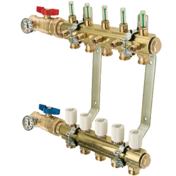 M-8200T Precision Manifold with Isolations Valves & Thermometer 1-1/4" Brass Bar 7 Port, Mounting Brackets