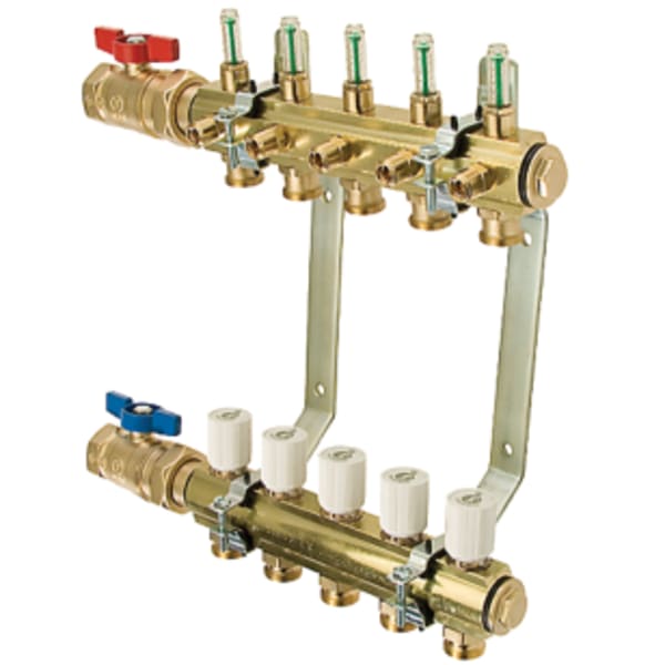 M-8200 1-1/4" Brass Bar 7 Port, Supply and Return Isolation Valves, Mounting Bracket