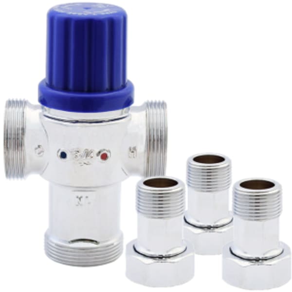 1/2" - MIP, Chrome Plated No Lead Forged Brass Potable Water Thermostatic Mixing Valve with MNPT Connectors & Union Nuts
