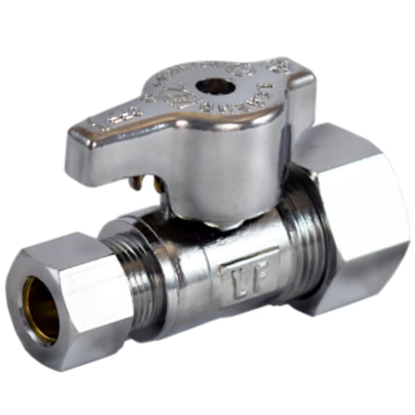 5/8" x 3/8" - Comp (OD) x Comp (OD), No Lead Chrome-Plated Forged Brass 1/4-Turn Ball-Type OD x OD Straight Stop Valve