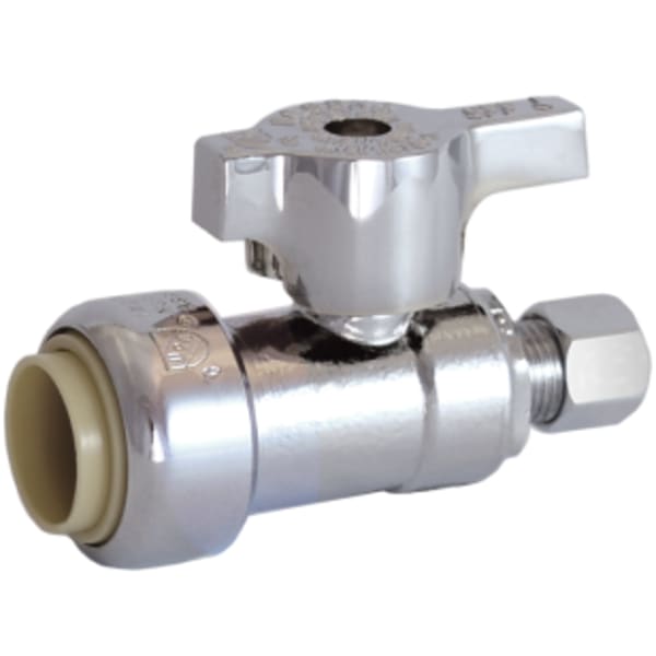 1/2" x 3/8" - Push x Comp (OD), No Lead Chrome-Plated Forged Brass 1/4-Turn Ball-Type Push x OD Straight Stop Valve