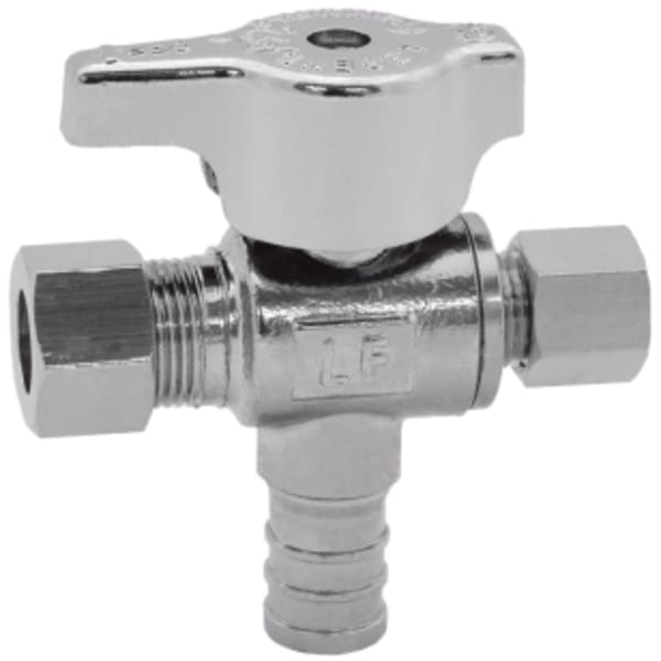 1/2" X 3/8" X 3/8" - F1807 x Comp (OD) x Comp (OD), No Lead Chrome-Plated Forged Brass 1/4-Turn F1807 x OD x OD Dual Outlet Angle Stop Valve