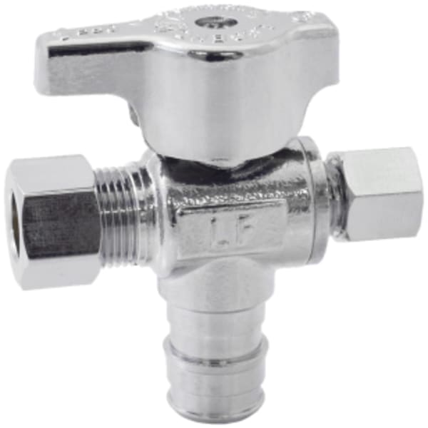 1/2" x 3/8" x 1/4" - F1960 x Comp (OD) x Comp (OD), No Lead Chrome-Plated Forged Brass 1/4-Turn F1960 x OD x OD Dual Outlet Angle Stop Valve