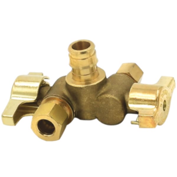 1/2" x 3/8" x 1/4" - F1960 x Comp (OD) x Comp (OD), No Lead Forged Brass 1/4-Turn Ball-Type F1960 x OD x OD Angle Dual Handle Angle Stop Valve