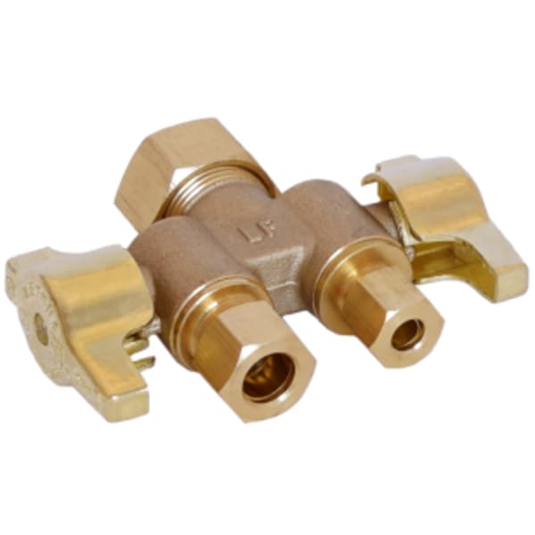 5/8" X 3/8" X 1/4" - Comp (OD) x Comp (OD) x Comp (OD), No Lead Forged Brass 1/4-Turn Ball-Type OD x OD x OD Dual Handle Straight Stop Valve