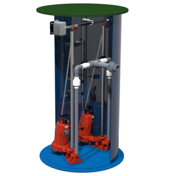 2 hp, Duplex Grinder Package, 3PH, 440-480V, 2" Discharge with 36" x 96" basin and IPD-Series alarm