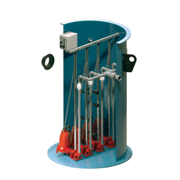 2 hp, 2-Stage Quadplex Grinder Package, 1PH, 208-230V, 3" Discharge with 48" x 120" basin and QE-Series alarm