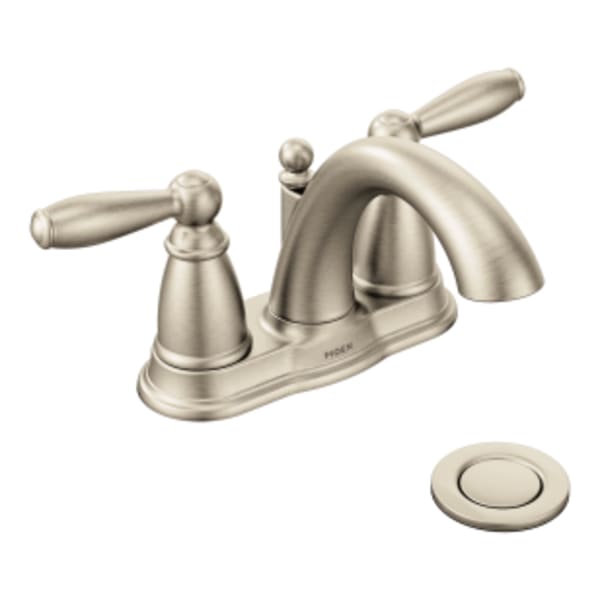 Moen Brantford 4 in. Centerset 2-Handle Low-Arc Bathroom Faucet in Brushed Nickel with Metal Drain Assembly