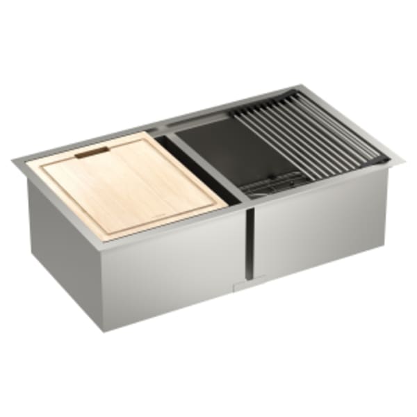 Moen Luxe Chef 33" x 19" 18-Gauge Stainless Steel Undermount Double Bowl Workstation Sink, Includes Cutting Board, Flexible Drying Rack, Colander, Bottom Sink Grid, and Drain