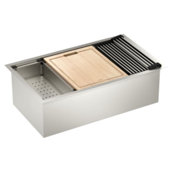 Moen Luxe Chef 32" x 19" 18-Gauge Stainless Steel Undermount Single Bowl Workstation Sink, Includes Cutting Board, Flexible Drying Rack, Colander, Bottom Sink Grid, and Drain