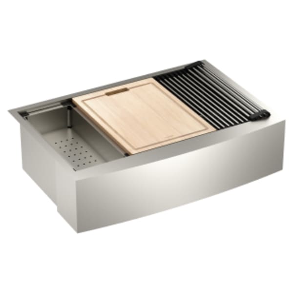 Moen Luxe Chef 33" x 22" 18-Gauge Stainless Steel Undermount Apron Front Single Bowl Workstation Sink, Includes Cutting Board, Flexible Drying Rack, Colander, Bottom Sink Grid, and Drain