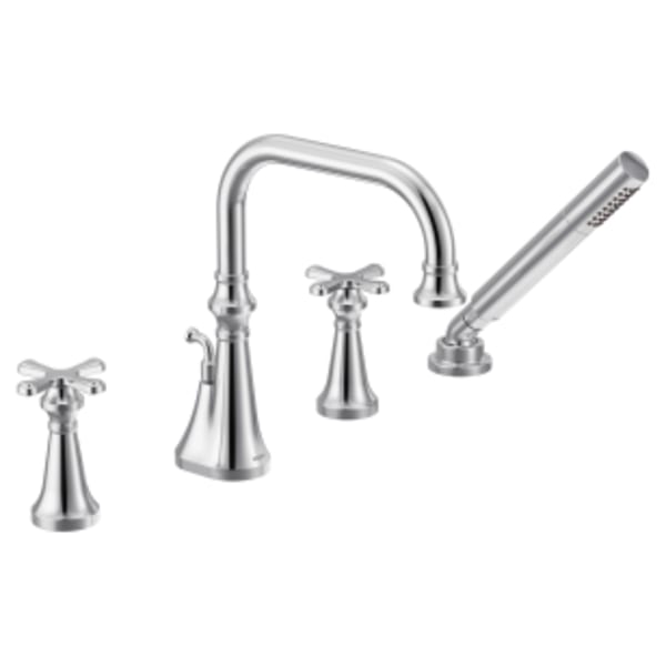 Moen Colinet Two Handle Deck-Mount Roman Tub Faucet Trim with Cross Handles and Handshower, Valve Required, in Chrome