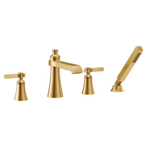 Moen Flara 2-Handle Deck-Mount Roman Tub Faucet Trim Kit with Handshower in Brushed Gold (Valve Sold Separately)