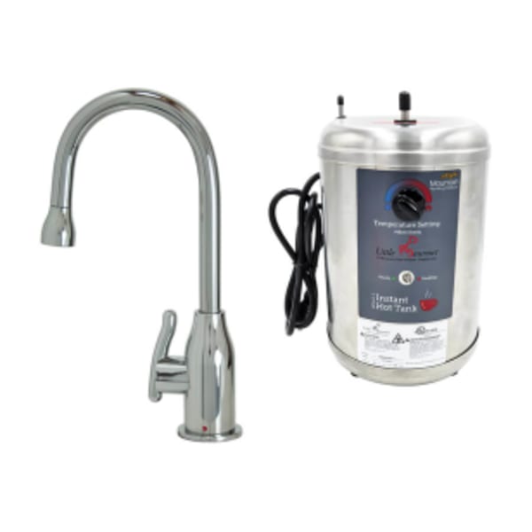 Hot Water Faucet with Modern Curved Body & Handle & Little Gourmet® Premium Hot Water Tank - Unlacquered Brass