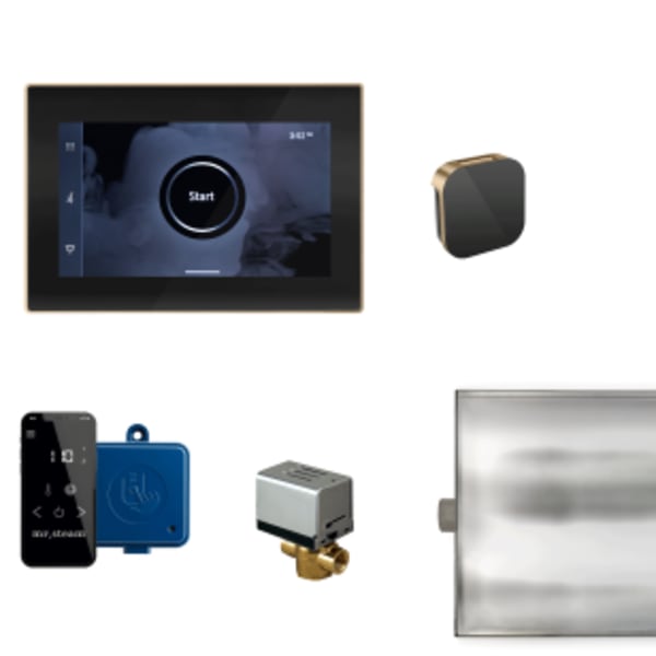 XButler Steam Shower Control Package with iSteamX Control and Aroma Glass SteamHead in Black and Brushed Bronze