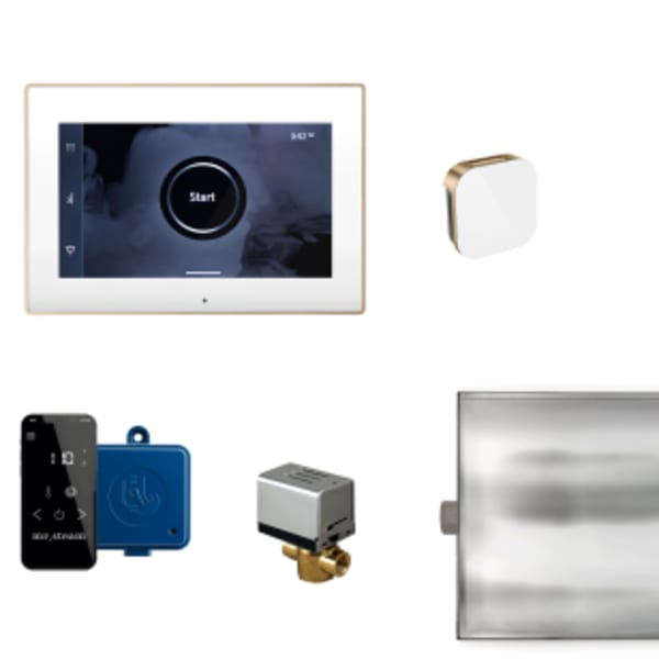 XButler Steam Shower Control Package with iSteamX Control and Aroma Glass SteamHead in White and Brushed Bronze