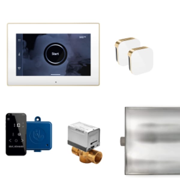 XButler Max Steam Shower Control Package with iSteamX Control and Aroma Glass SteamHead in White and Polished Brass